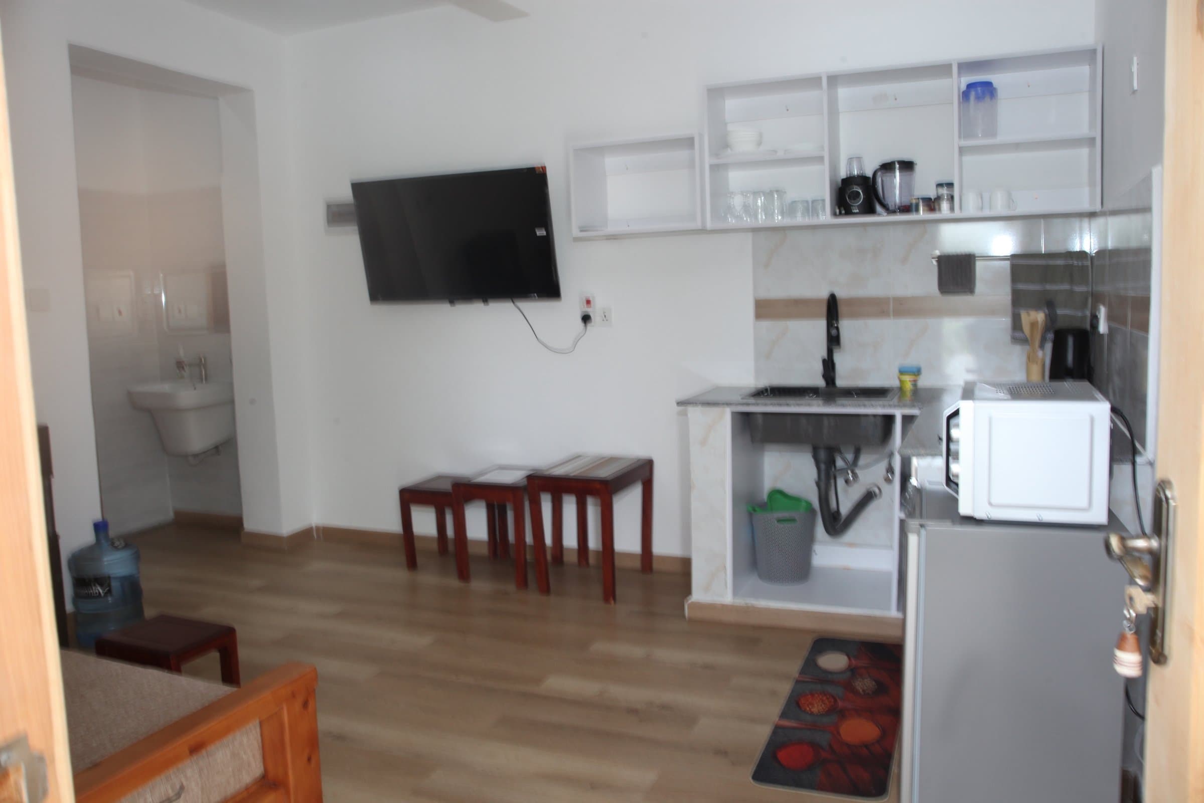 Living area of a Studio Apartment with wall-mounted TV, kitchenette and en-suite bathroom